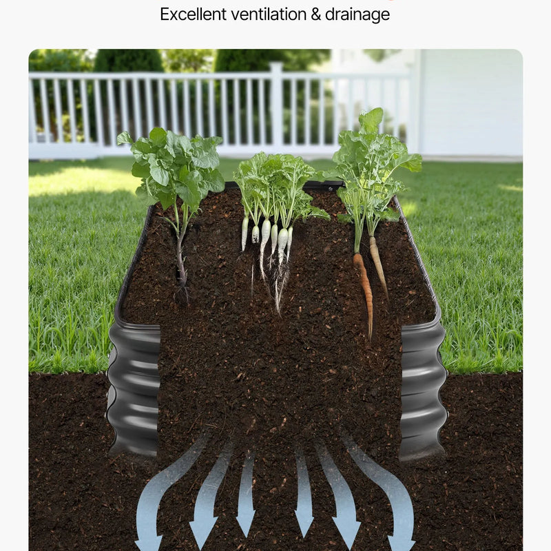 VEVOR metāla paaugstinātā dārza dobe 2,4 × 0,6 × 0,3 m, ovāla cinkota āra stādīšanas kaste ar atvērtu apakšu, liela dobe dārzeņu, ziedu, garšaugu un sukulentu audzēšanai, tumši pelēka
