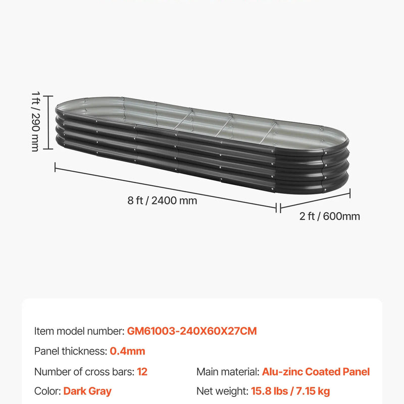VEVOR metāla paaugstinātā dārza dobe 2,4 × 0,6 × 0,3 m, ovāla cinkota āra stādīšanas kaste ar atvērtu apakšu, liela dobe dārzeņu, ziedu, garšaugu un sukulentu audzēšanai, tumši pelēka