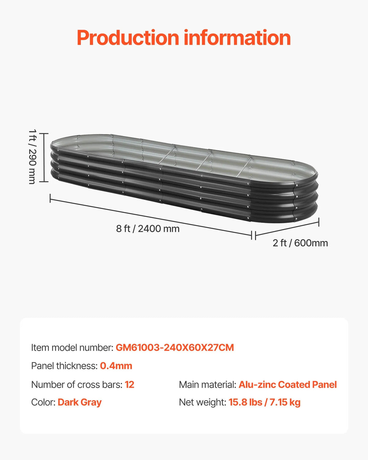 VEVOR metāla paaugstinātā dārza dobe 2,4 × 0,6 × 0,3 m, ovāla cinkota āra stādīšanas kaste ar atvērtu apakšu, liela dobe dārzeņu, ziedu, garšaugu un sukulentu audzēšanai, tumši pelēka - ZEMLETES.LV