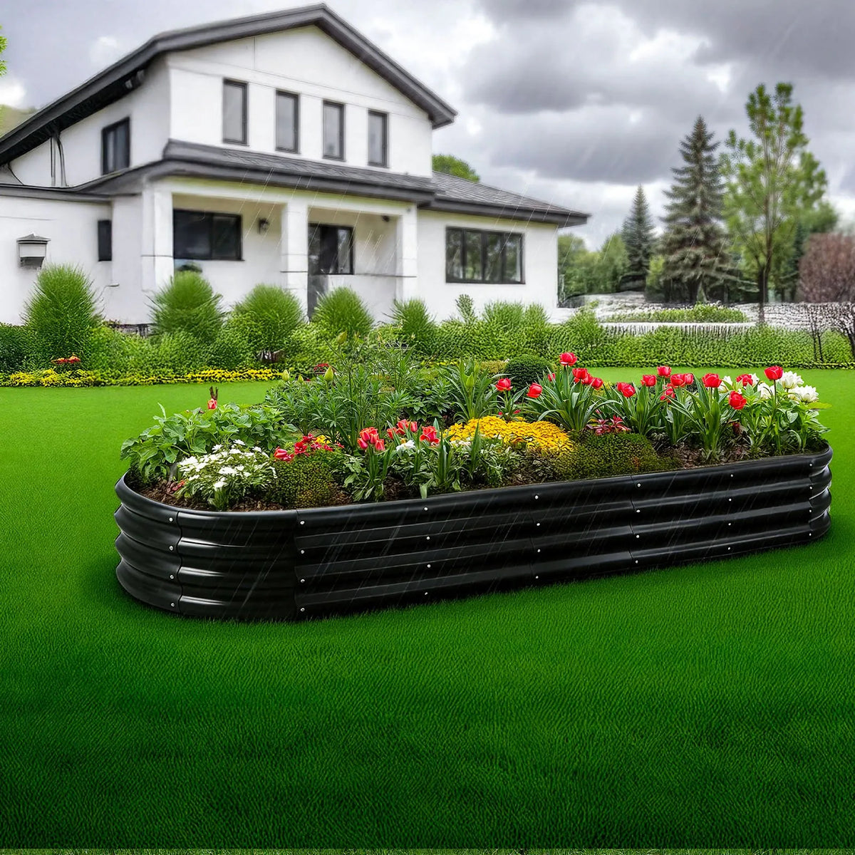 VEVOR metāla paaugstinātā dārza dobe 2,4 × 0,6 × 0,3 m, ovāla cinkota āra stādīšanas kaste ar atvērtu apakšu, liela dobe dārzeņu, ziedu, garšaugu un sukulentu audzēšanai, tumši pelēka - ZEMLETES.LV