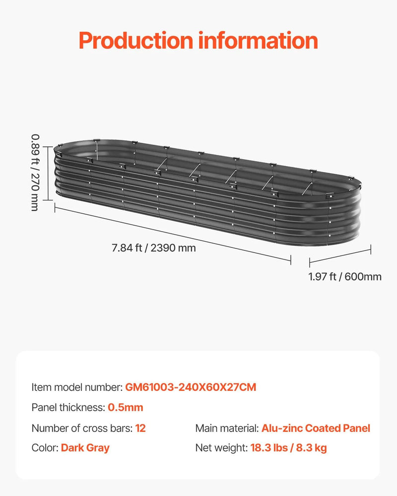 Metāla paaugstinātā dārza dobe 244 × 61 × 30 cm āra cinkota stādīšanas kaste tumši pelēka