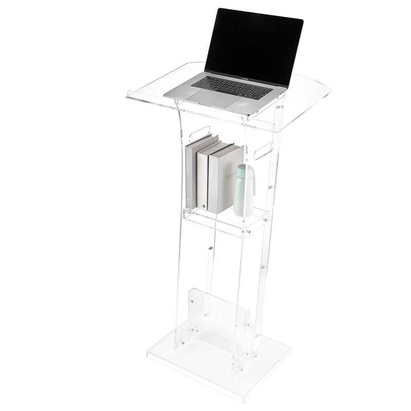 VEVOR akrila lektora tribīne, 110 cm, pārnēsājama, ar platu lasīšanas virsmu, uzglabāšanas plauktu un grāmatu aizturi