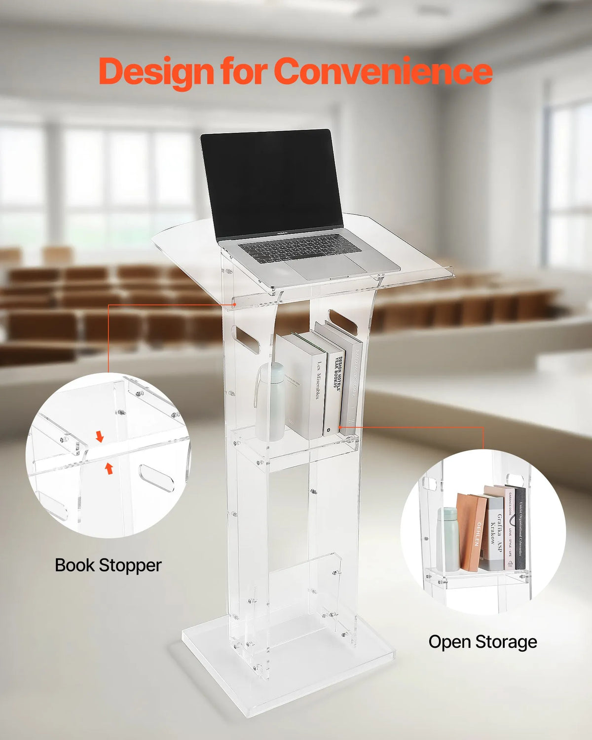 VEVOR Acrylic Lectern, 110 cm, Portable, with Wide Reading Surface, Storage Shelf and Book Holder