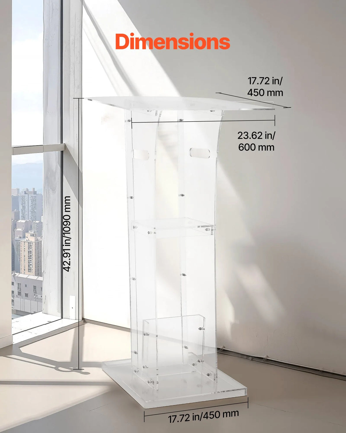 VEVOR Acrylic Lectern, 110 cm, Portable, with Wide Reading Surface, Storage Shelf and Book Holder