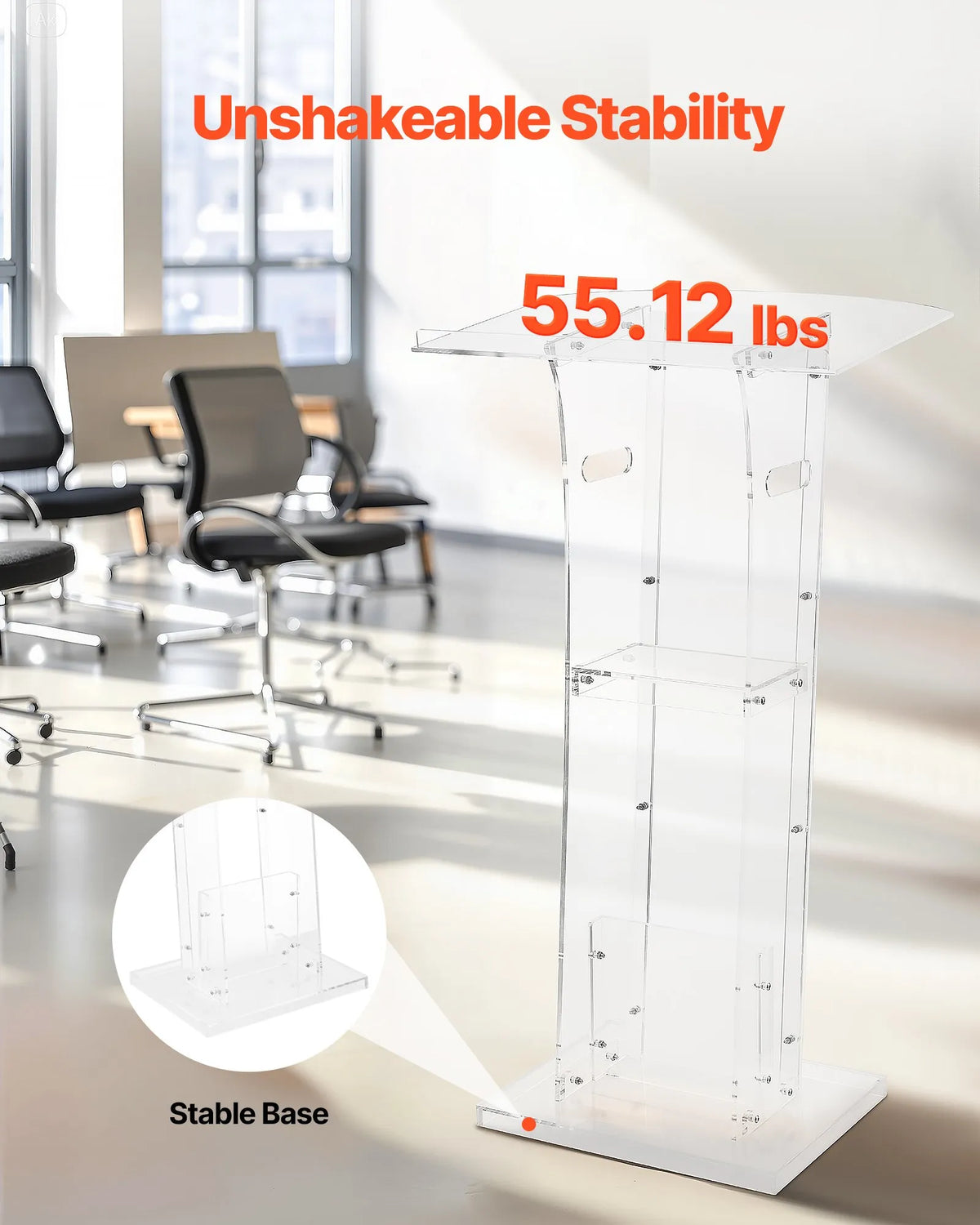 VEVOR Acrylic Lectern, 110 cm, Portable, with Wide Reading Surface, Storage Shelf and Book Holder