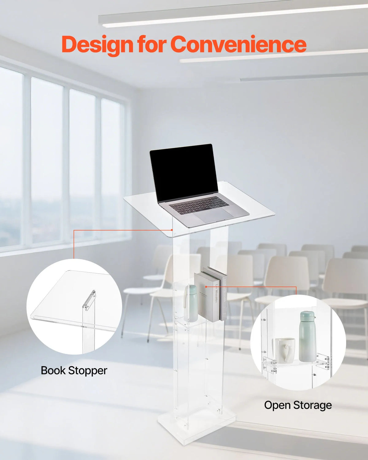 VEVOR Acrylic Lectern Podium, 126.5 cm, Portable, with Wide Reading Surface, Storage Shelf and Book Holder