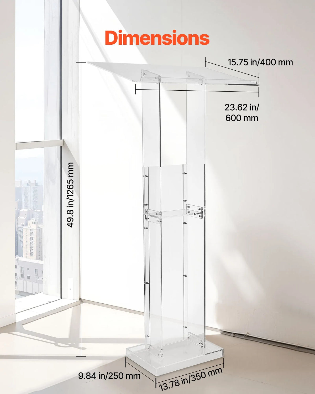VEVOR Acrylic Lectern Podium, 126.5 cm, Portable, with Wide Reading Surface, Storage Shelf and Book Holder