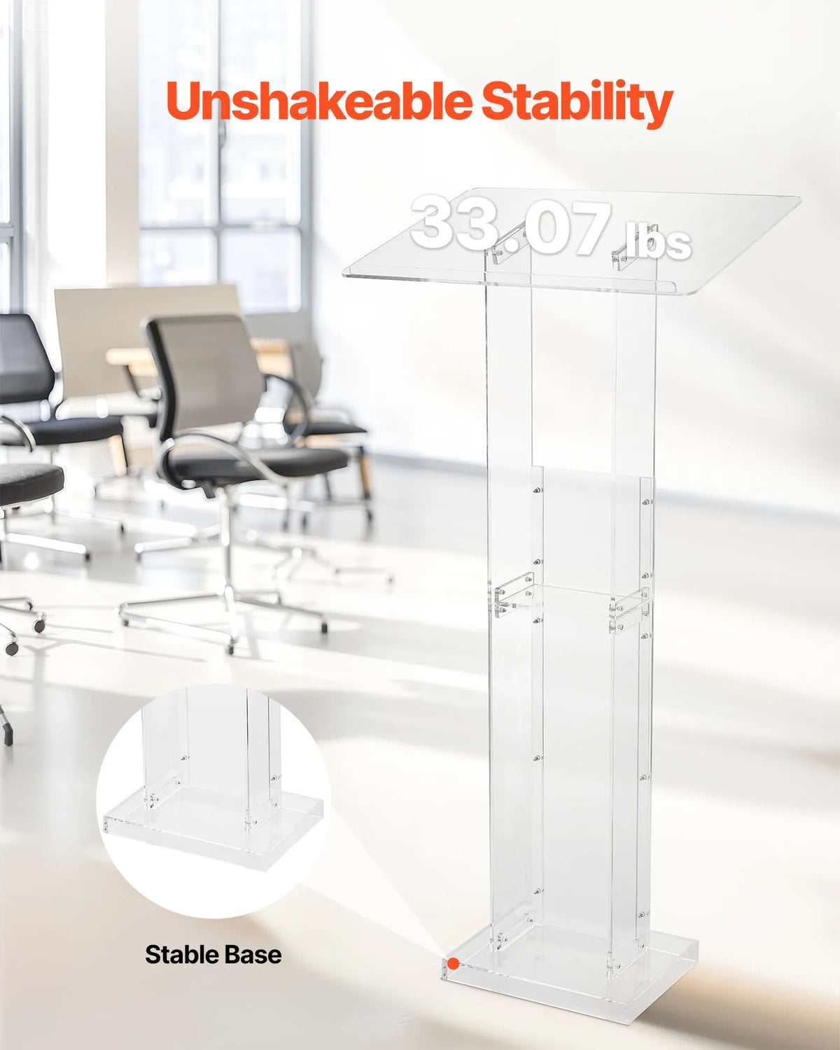 VEVOR Acrylic Lectern Podium, 126.5 cm, Portable, with Wide Reading Surface, Storage Shelf and Book Holder