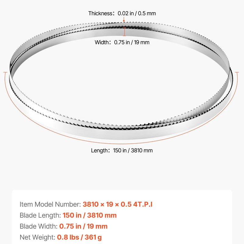 VEVOR lentzāģa asmens 3810 mm, 4 TPI, no SK5 augstas izturības oglekļa tērauda ar rūdītiem 18 HRC asiem zobiem, 19 mm platums, rezerves asmens kokapstrādes lentzāģiem, 1 gab.