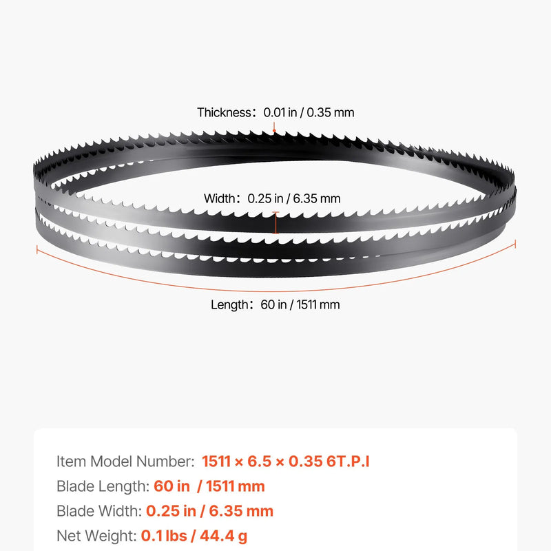 VEVOR lentzāģa asmens 1511 mm, 6 TPI, no SK5 augstas izturības oglekļa tērauda ar rūdītiem 15 HRC asiem zobiem, 6,35 mm platums, rezerves asmens kokapstrādes lentzāģiem, 1 gab.
