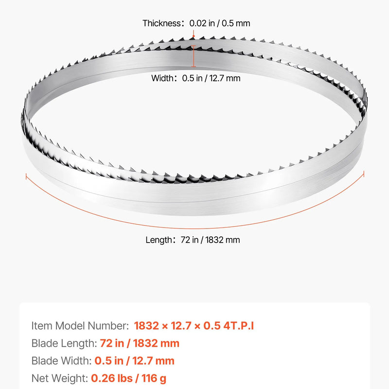 VEVOR lentzāģa asmens 1832 mm, 4 TPI, no SK5 augstas izturības oglekļa tērauda ar rūdītiem 18 HRC asiem zobiem, 12,7 mm platums, rezerves asmens kokapstrādes lentzāģiem, 1 gab.