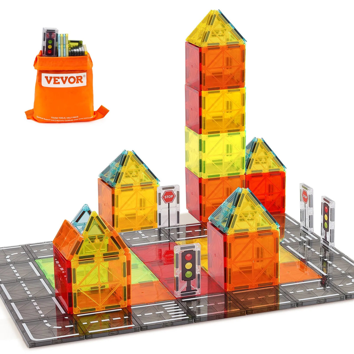 VEVOR Magnetic Tiles 56 Pieces for Road and City Building with Storage Bag, from 3 Years
