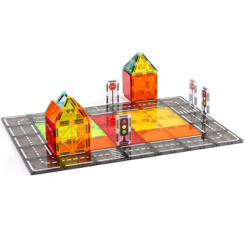 VEVOR magnētisko flīžu komplekts, 56 gab., ceļu un pilsētas būves magnētiskie kluči bērniem; STEM sensorā izglītojošā rotaļlieta ar uzglabāšanas somu bērniem no 3 gadu vecuma