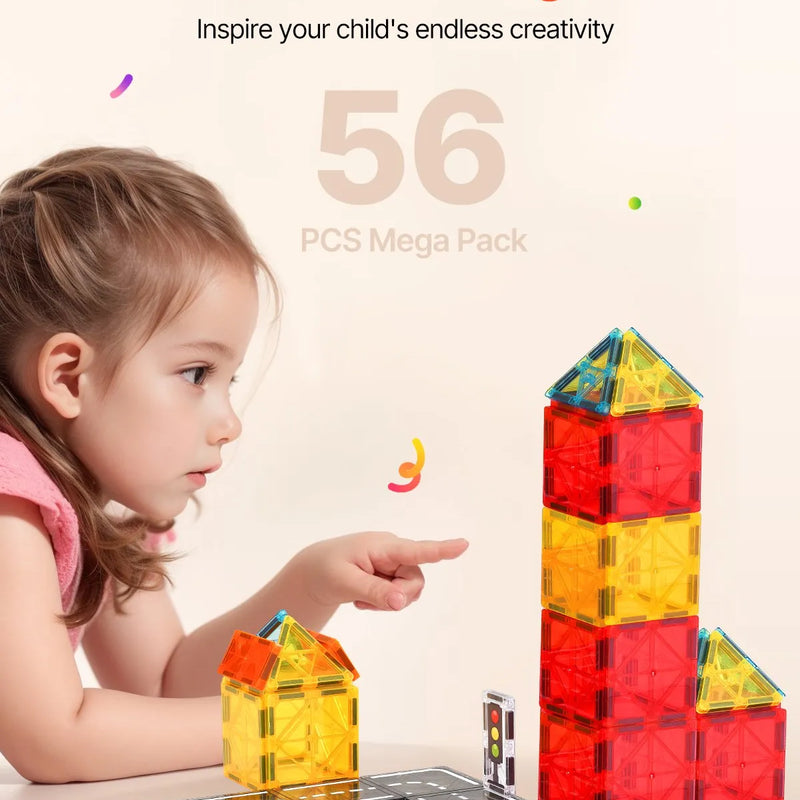 VEVOR magnētisko flīžu komplekts, 56 gab., ceļu un pilsētas būves magnētiskie kluči bērniem; STEM sensorā izglītojošā rotaļlieta ar uzglabāšanas somu bērniem no 3 gadu vecuma
