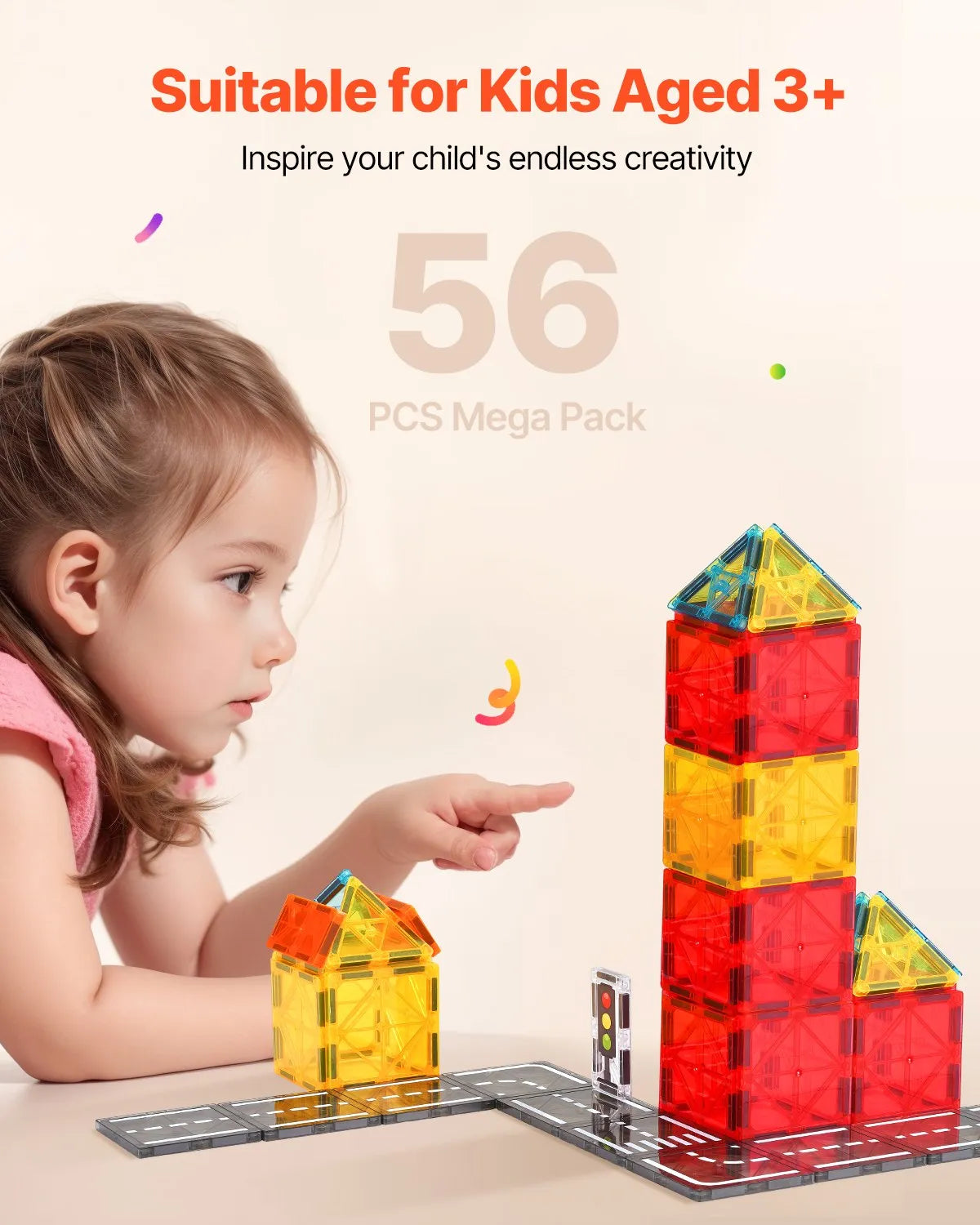 VEVOR Magnetic Tiles 56 Pieces for Road and City Building with Storage Bag, from 3 Years