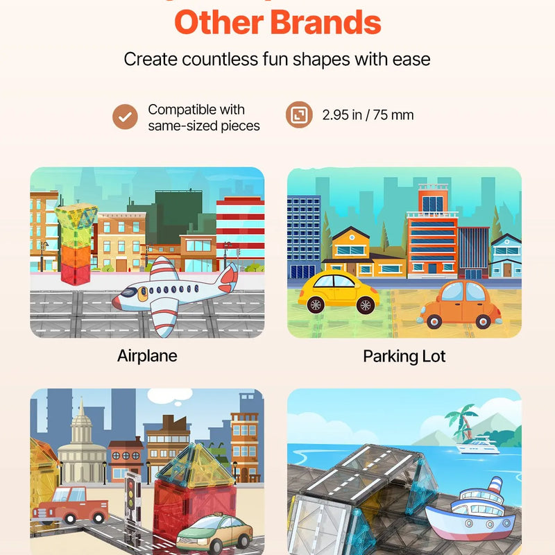 VEVOR magnētisko flīžu komplekts, 56 gab., ceļu un pilsētas būves magnētiskie kluči bērniem; STEM sensorā izglītojošā rotaļlieta ar uzglabāšanas somu bērniem no 3 gadu vecuma