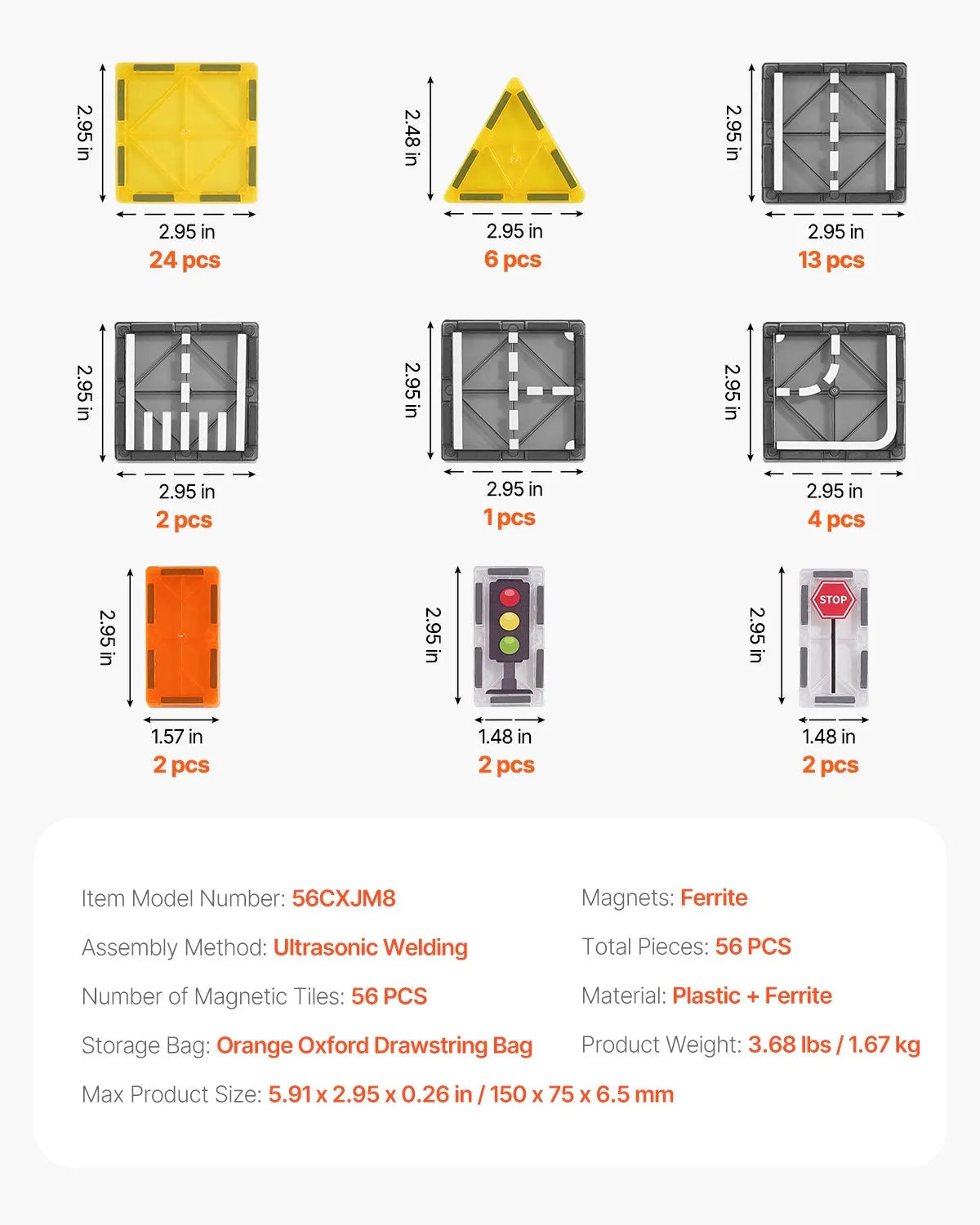 VEVOR Magnetic Tiles 56 Pieces for Road and City Building with Storage Bag, from 3 Years