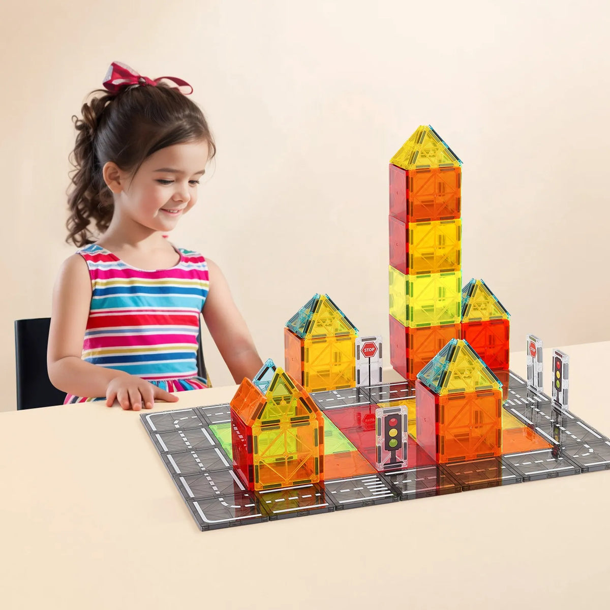 VEVOR Magnetic Tiles 56 Pieces for Road and City Building with Storage Bag, from 3 Years
