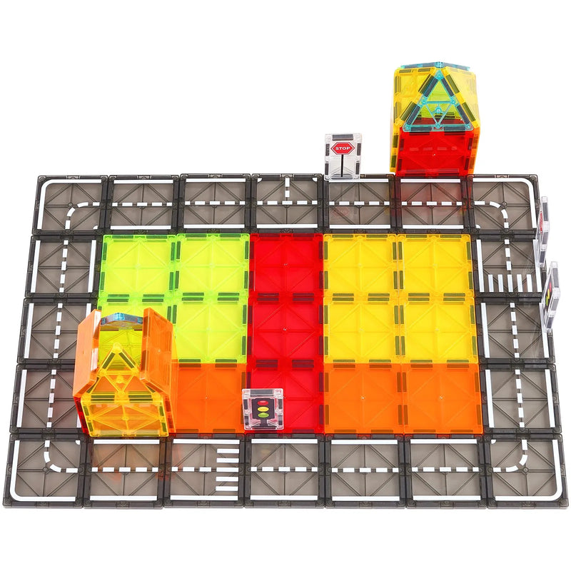 VEVOR magnētisko flīžu komplekts, 56 gab., ceļu un pilsētas būves magnētiskie kluči bērniem; STEM sensorā izglītojošā rotaļlieta ar uzglabāšanas somu bērniem no 3 gadu vecuma