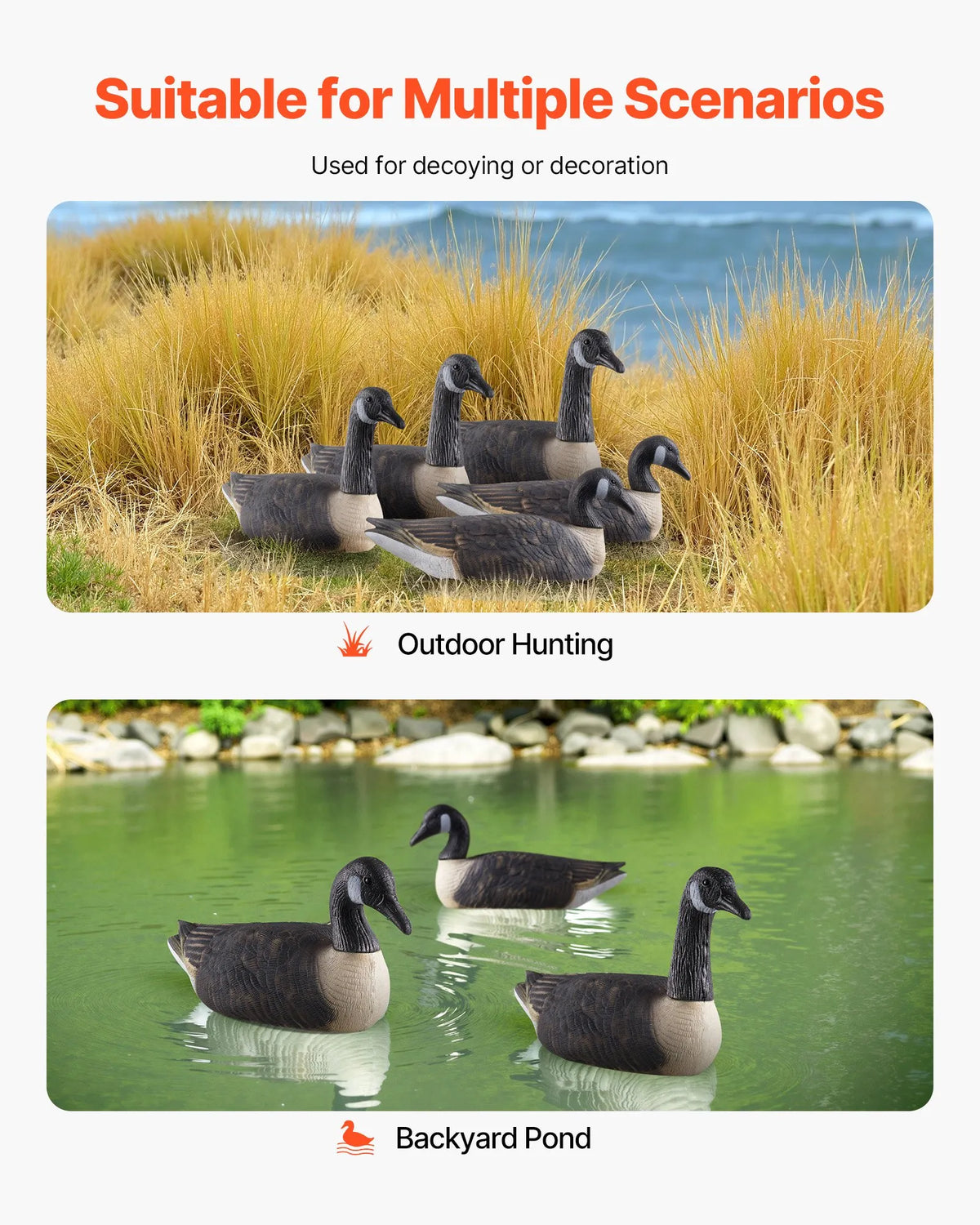 Canada Goose Decoys for Outdoor Use, 6 Pieces, Durable Plastic Swimming Decoys with Highly Realistic Colouring, Suitable for Waterfowl Hunting, Ponds, Lakes or Garden Decoration, Lightweight and Easy to Use
