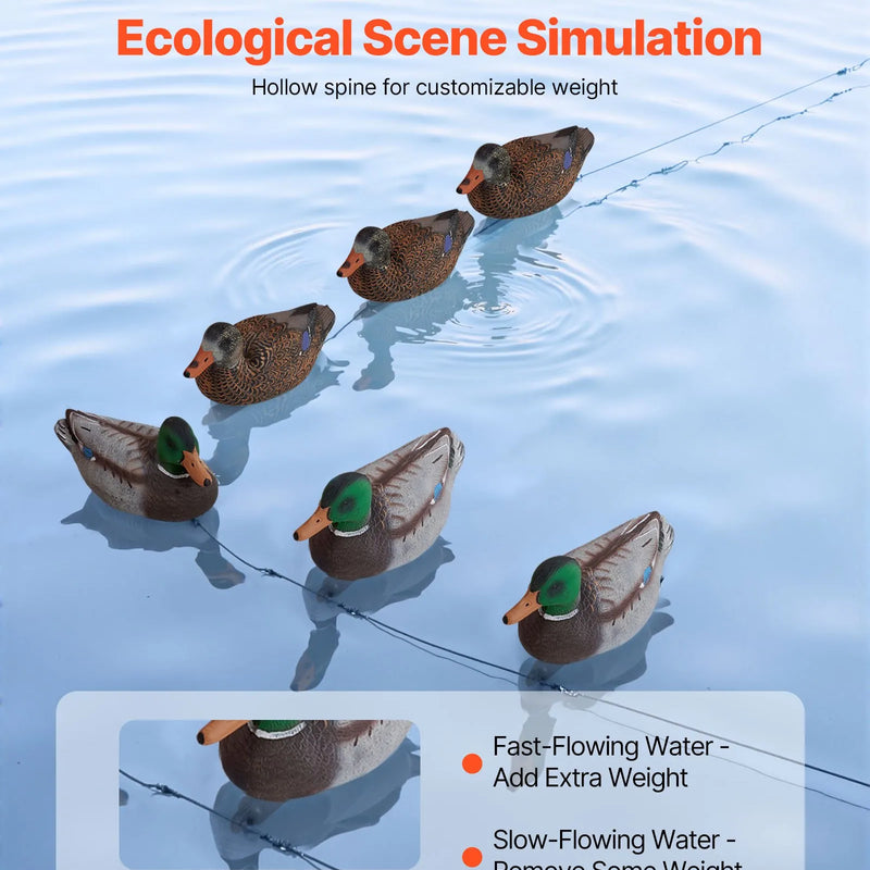 Pīļu mānekļi, reālistiski peldoši medību mānekļi ar svaru līdzsvarotu peldspēju, plastmasas pīļu imitācija medībām, piemēroti dīķiem, ezeriem un dārza dekorēšanai, viegli pārnēsājami (6 gab.)