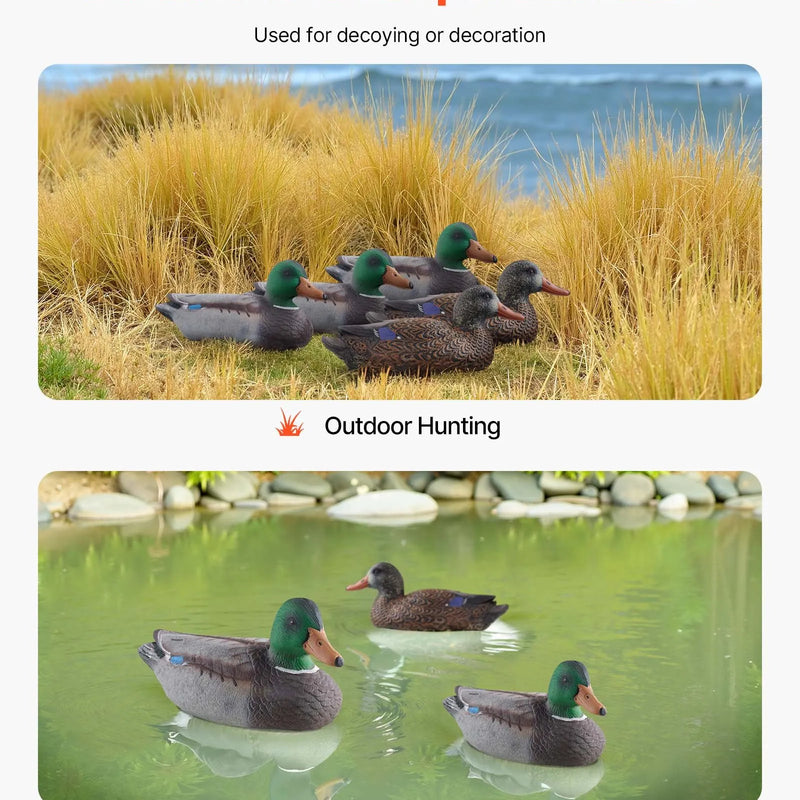 Pīļu mānekļi, reālistiski peldoši medību mānekļi ar svaru līdzsvarotu peldspēju, plastmasas pīļu imitācija medībām, piemēroti dīķiem, ezeriem un dārza dekorēšanai, viegli pārnēsājami (6 gab.)