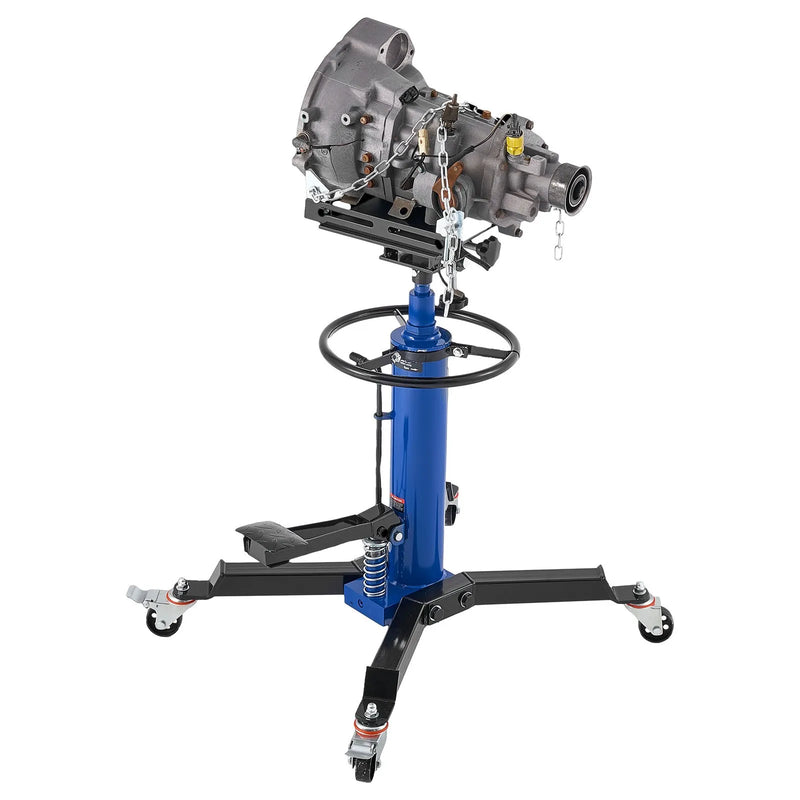 VEVOR hidrauliskais transmisijas domkrats, celtspēja 750 kg, teleskopisks transmisijas pacēlājs ar kājas pedāli un 360° grozāmiem riteņiem, pacelšanas augstums 88–176 cm, paredzēts garāžām un autoservisiem