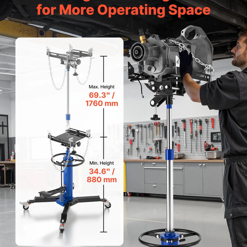 VEVOR hidrauliskais transmisijas domkrats, celtspēja 750 kg, teleskopisks transmisijas pacēlājs ar kājas pedāli un 360° grozāmiem riteņiem, pacelšanas augstums 88–176 cm, paredzēts garāžām un autoservisiem