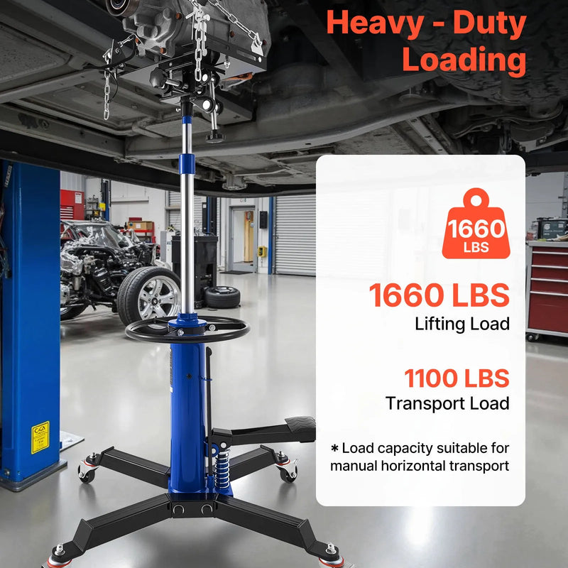 VEVOR hidrauliskais transmisijas domkrats, celtspēja 750 kg, teleskopisks transmisijas pacēlājs ar kājas pedāli un 360° grozāmiem riteņiem, pacelšanas augstums 88–176 cm, paredzēts garāžām un autoservisiem