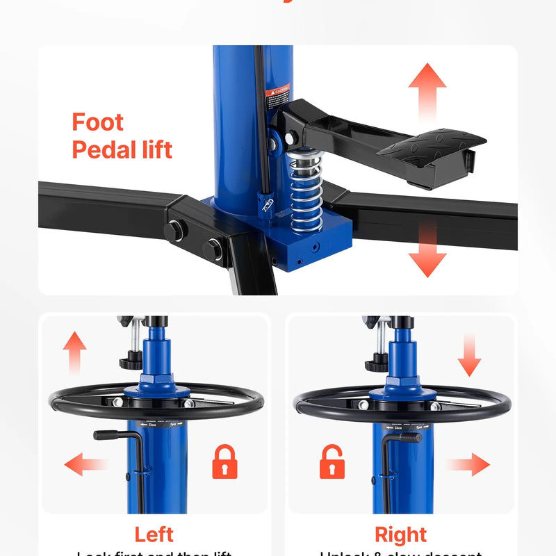 VEVOR hidrauliskais transmisijas domkrats, celtspēja 750 kg, teleskopisks transmisijas pacēlājs ar kājas pedāli un 360° grozāmiem riteņiem, pacelšanas augstums 88–176 cm, paredzēts garāžām un autoservisiem