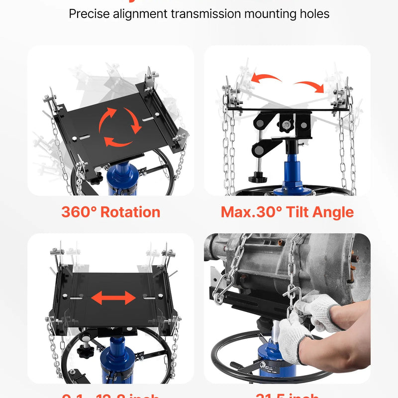 VEVOR hidrauliskais transmisijas domkrats, celtspēja 750 kg, teleskopisks transmisijas pacēlājs ar kājas pedāli un 360° grozāmiem riteņiem, pacelšanas augstums 88–176 cm, paredzēts garāžām un autoservisiem