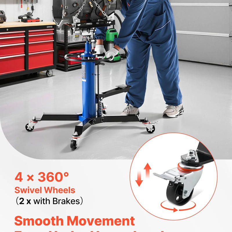 VEVOR hidrauliskais transmisijas domkrats, celtspēja 750 kg, teleskopisks transmisijas pacēlājs ar kājas pedāli un 360° grozāmiem riteņiem, pacelšanas augstums 88–176 cm, paredzēts garāžām un autoservisiem