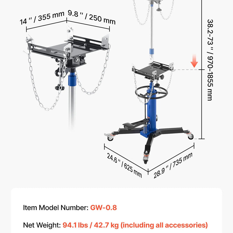 VEVOR hidrauliskais transmisijas domkrats, celtspēja 750 kg, teleskopisks transmisijas pacēlājs ar kājas pedāli un 360° grozāmiem riteņiem, pacelšanas augstums 88–176 cm, paredzēts garāžām un autoservisiem