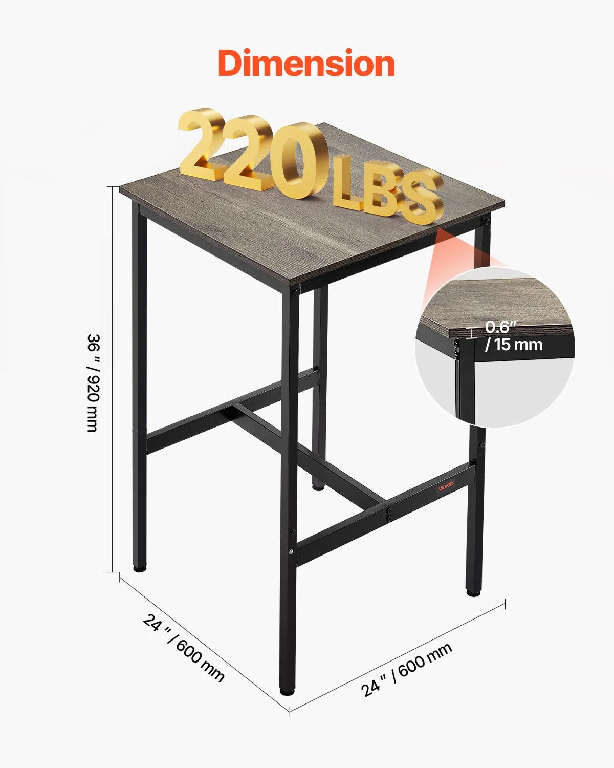 VEVOR High Bar Table with Metal Frame, 60×60×91 cm, Suitable for Kitchen, Living Room, Café or Parties, Retro Brown and Black Colour