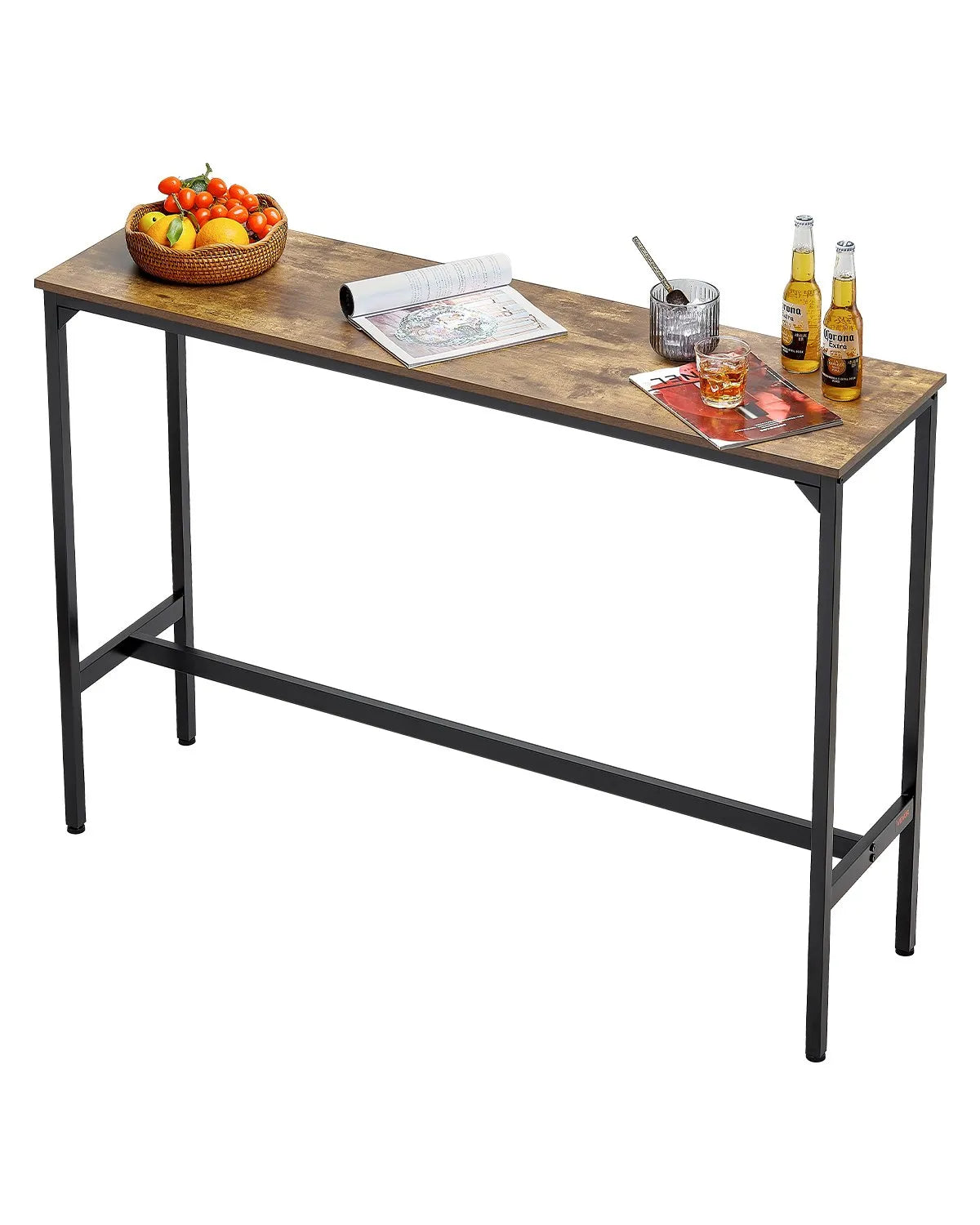 VEVOR High Bar Table with Metal Frame, 140×38×99 cm, Narrow and Long Table for Kitchen, Dining Area or Cocktail Zone, Easy to Fold, Retro Brown and Black Colour
