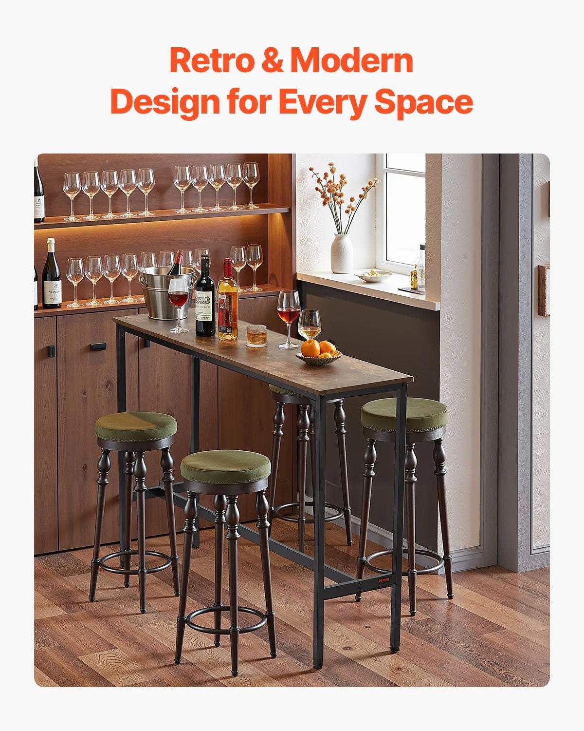 VEVOR High Bar Table with Metal Frame, 140×38×99 cm, Narrow and Long Table for Kitchen, Dining Area or Cocktail Zone, Easy to Fold, Retro Brown and Black Colour