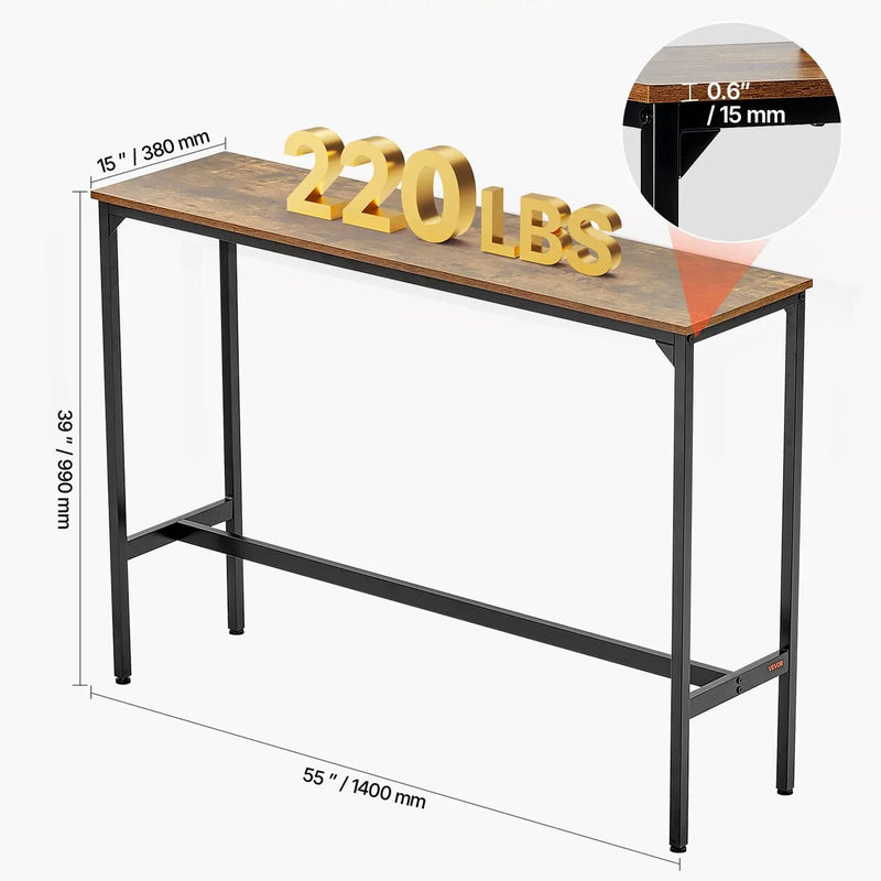 VEVOR augsts bāra galds ar metāla rāmi, 140×38×99 cm, šaurs un garš galds virtuvei, ēdamzonai vai kokteiļu zonai, viegli saliekams, retro brūnā un melnā krāsā
