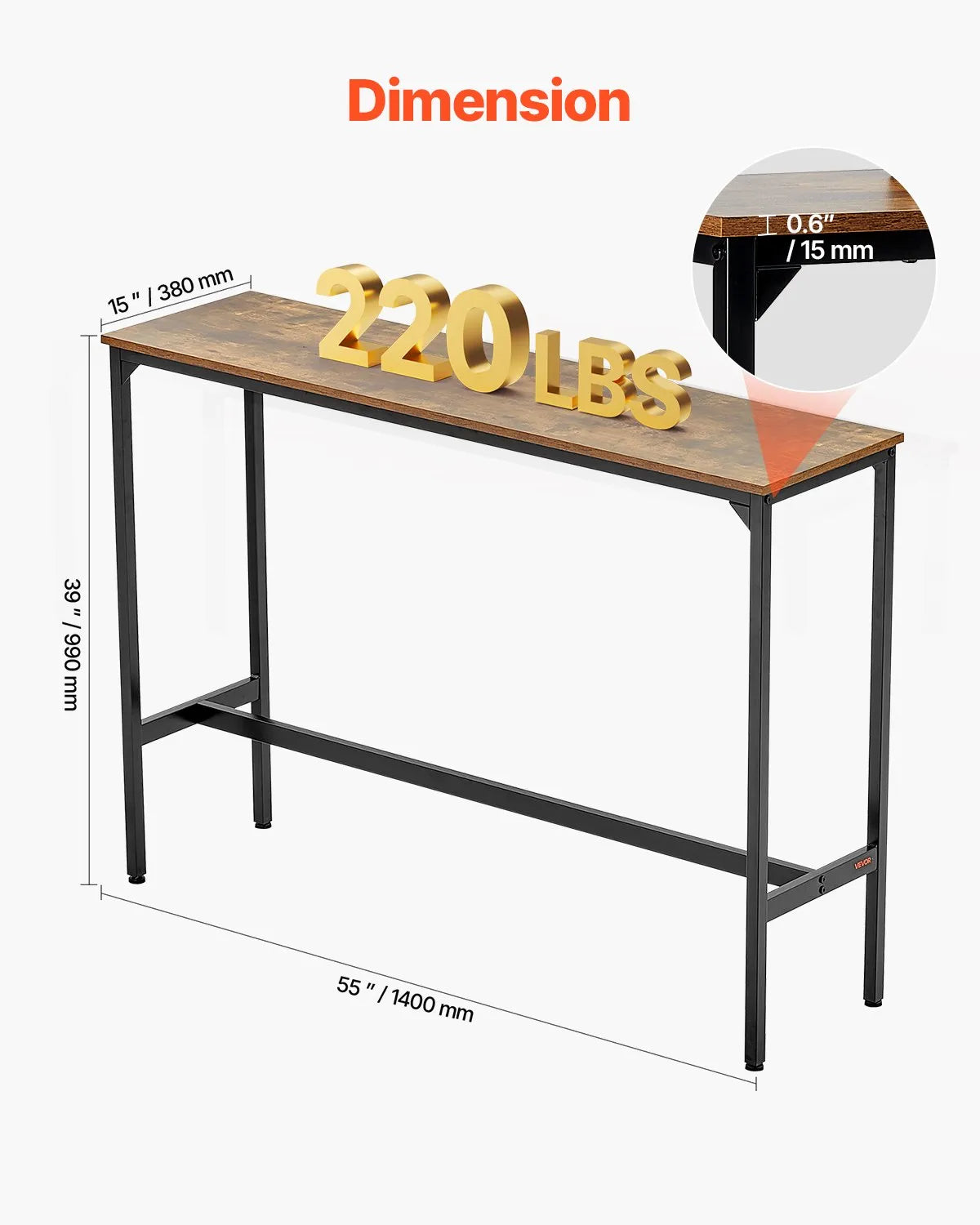 VEVOR High Bar Table with Metal Frame, 140×38×99 cm, Narrow and Long Table for Kitchen, Dining Area or Cocktail Zone, Easy to Fold, Retro Brown and Black Colour