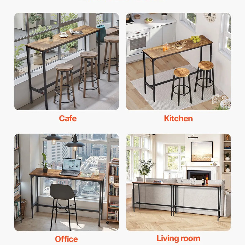 VEVOR augsts bāra galds ar metāla rāmi, 140×38×99 cm, šaurs un garš galds virtuvei, ēdamzonai vai kokteiļu zonai, viegli saliekams, retro brūnā un melnā krāsā