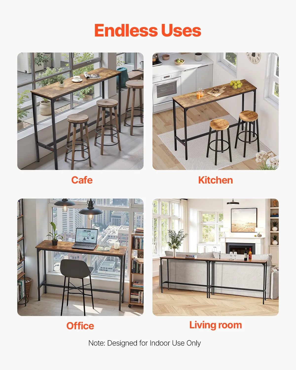 VEVOR High Bar Table with Metal Frame, 140×38×99 cm, Narrow and Long Table for Kitchen, Dining Area or Cocktail Zone, Easy to Fold, Retro Brown and Black Colour