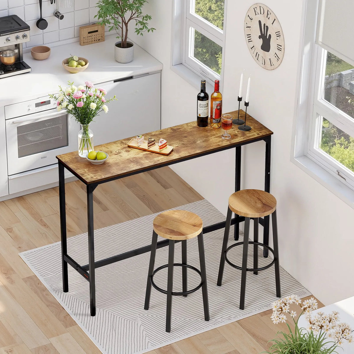 VEVOR High Bar Table with Metal Frame, 140×38×99 cm, Narrow and Long Table for Kitchen, Dining Area or Cocktail Zone, Easy to Fold, Retro Brown and Black Colour