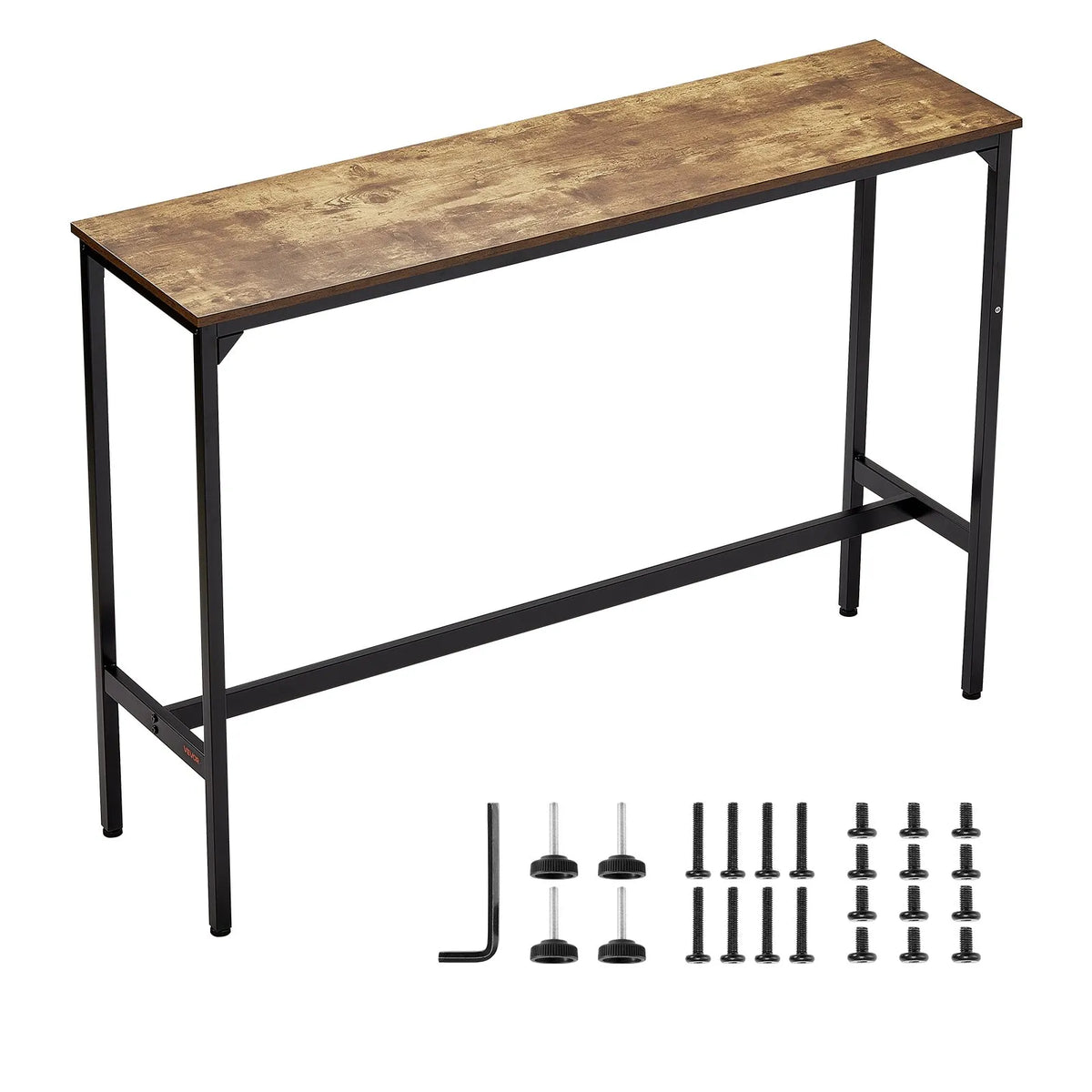 VEVOR High Bar Table with Metal Frame, 140×38×99 cm, Narrow and Long Table for Kitchen, Dining Area or Cocktail Zone, Easy to Fold, Retro Brown and Black Colour