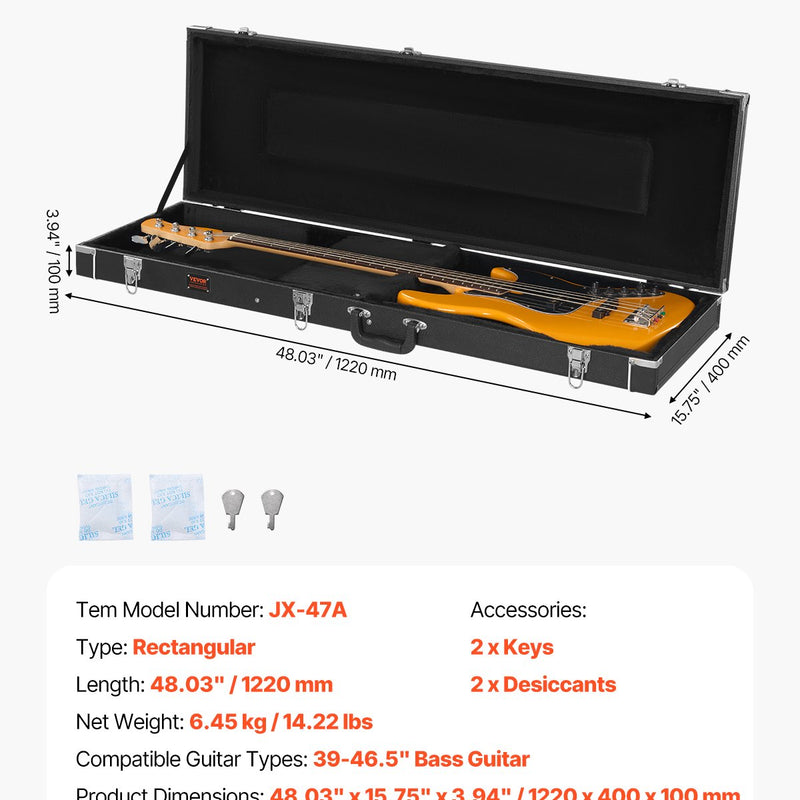VEVOR basa ģitāras cietais koferis, 122 cm, ūdensizturīgs, ar slēdzeni un atslēgu, piemērots basa ģitārai