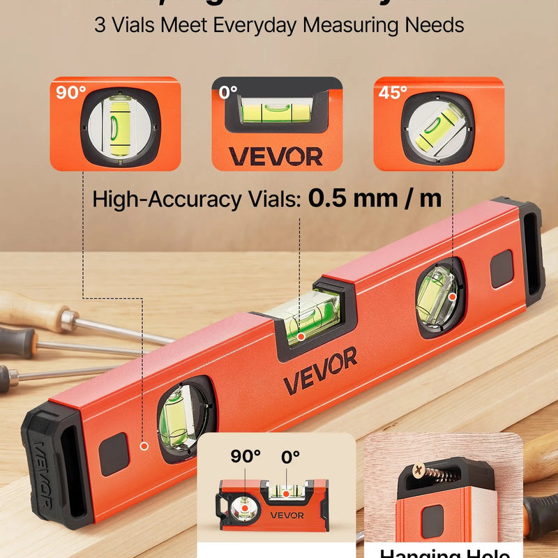 VEVOR 4 gabalu torpēdas līmeņrāžu komplekts 120/300/600/1000 mm ar magnētisku alumīnija sakausējuma korpusu, 3 zaļiem burbuļlīmeņiem, piekares atveri un daudzleņķu mērīšanu būvniecībai un mājas remontam - ZEMLETES.LV