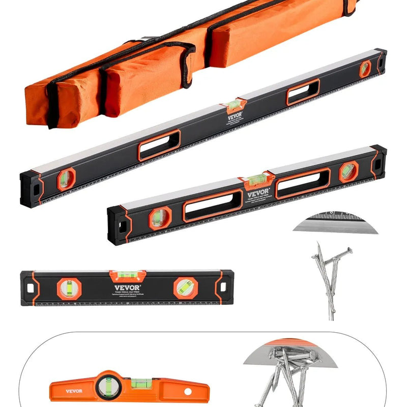 VEVOR 4 gabalu torpēdas līmeņrāžu komplekts 1220/610/406/254 mm ar fluorescējošiem burbuļlīmeņiem, 45°/90°/180° lineālu, triecienizturīgiem alumīnija sakausējuma līmeņrāžiem, magnēts tikai 254 mm modelim - ZEMLETES.LV
