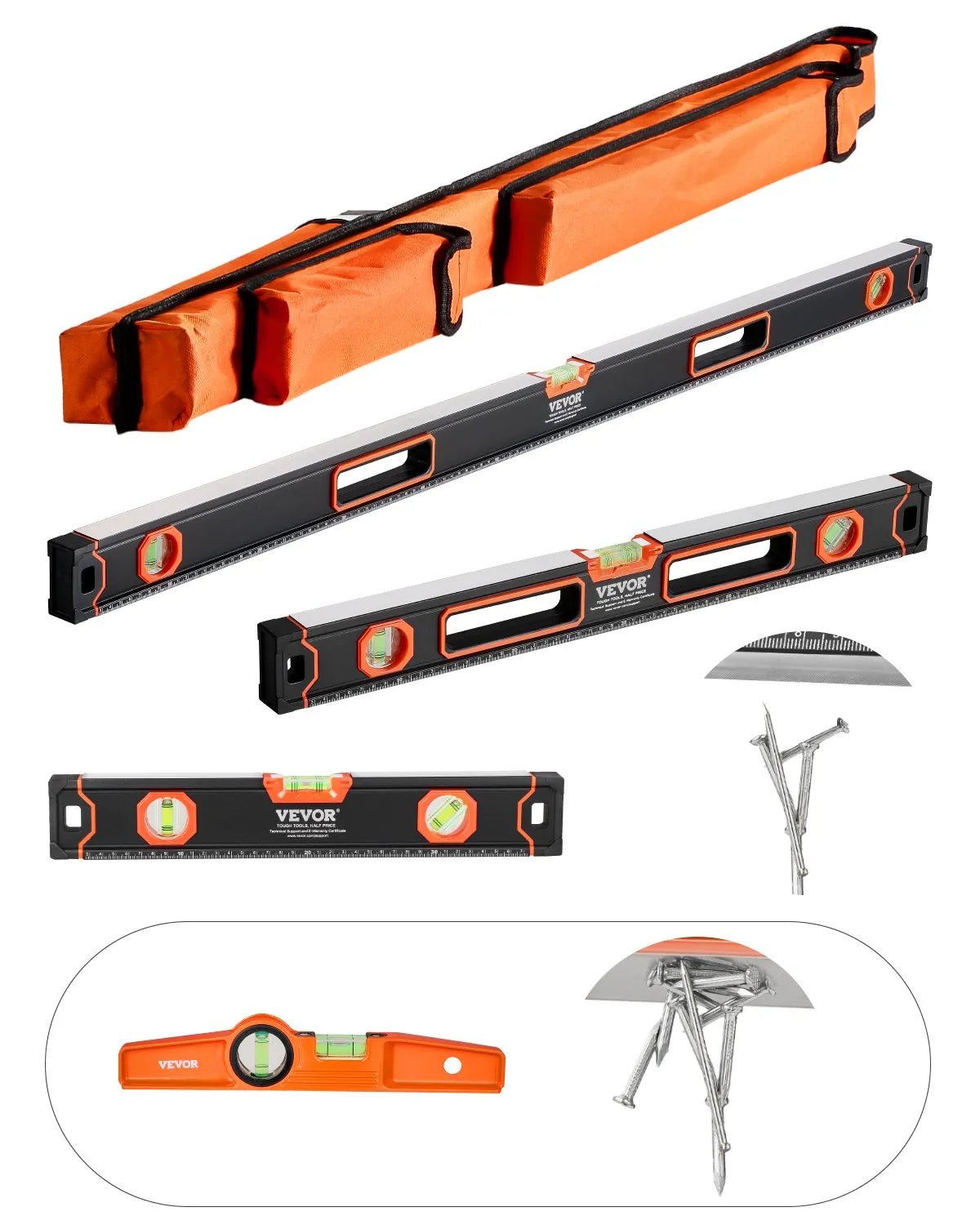 VEVOR 4 gabalu torpēdas līmeņrāžu komplekts 1220/610/406/254 mm ar fluorescējošiem burbuļlīmeņiem, 45°/90°/180° lineālu, triecienizturīgiem alumīnija sakausējuma līmeņrāžiem, magnēts tikai 254 mm modelim - ZEMLETES.LV