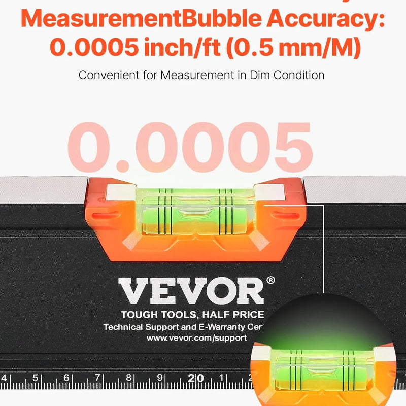 VEVOR 4 gabalu torpēdas līmeņrāžu komplekts 1220/610/406/254 mm ar fluorescējošiem burbuļlīmeņiem, 45°/90°/180° lineālu, triecienizturīgiem alumīnija sakausējuma līmeņrāžiem, magnēts tikai 254 mm modelim - ZEMLETES.LV