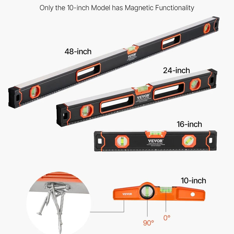 VEVOR 4 gabalu torpēdas līmeņrāžu komplekts 1220/610/406/254 mm ar fluorescējošiem burbuļlīmeņiem, 45°/90°/180° lineālu, triecienizturīgiem alumīnija sakausējuma līmeņrāžiem, magnēts tikai 254 mm modelim - ZEMLETES.LV