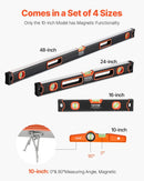 VEVOR 4 gabalu torpēdas līmeņrāžu komplekts 1220/610/406/254 mm ar fluorescējošiem burbuļlīmeņiem, 45°/90°/180° lineālu, triecienizturīgiem alumīnija sakausējuma līmeņrāžiem, magnēts tikai 254 mm modelim - ZEMLETES.LV