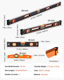 VEVOR 4 gabalu torpēdas līmeņrāžu komplekts 1220/610/406/254 mm ar fluorescējošiem burbuļlīmeņiem, 45°/90°/180° lineālu, triecienizturīgiem alumīnija sakausējuma līmeņrāžiem, magnēts tikai 254 mm modelim - ZEMLETES.LV